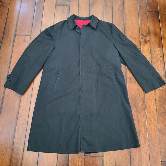 VTG London Fog Maincoats Black Trench Coat Calibere Cloth Reeves Men's 42 Long - Picture 1 of 10